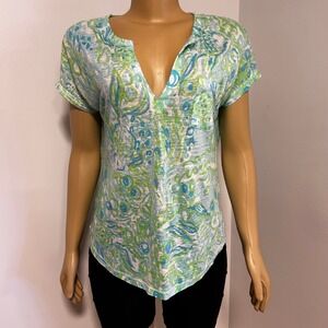 Lilly Pulitzer Etta V-Neck Top Womens Small Blue Green Linen Floral Tee 12238